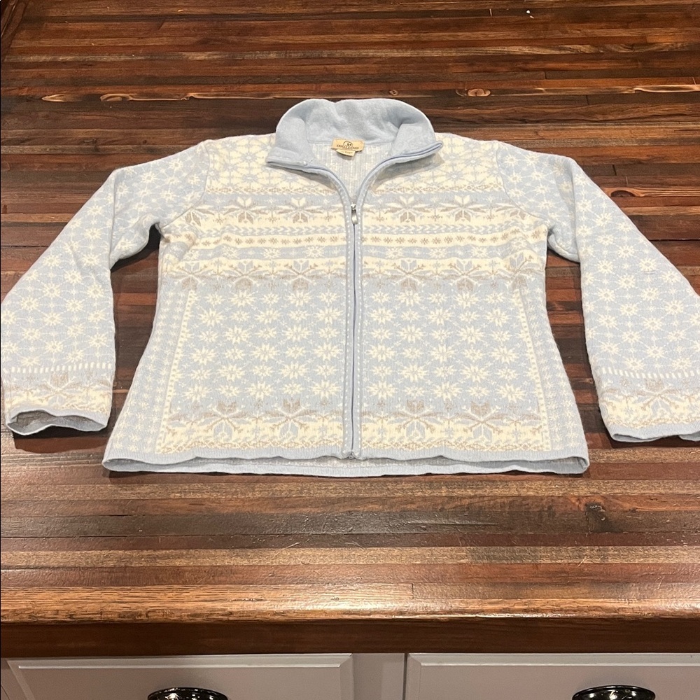 Three Forks Edition Cashmere Light Blue Snowflake Zip-Up Sweater Jacket